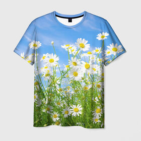Мужская футболка 3D с принтом Ромашки , 100% полиэфир | прямой крой, круглый вырез горловины, длина до линии бедер | луг | цветы