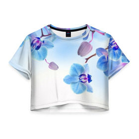 Женская футболка 3D укороченная с принтом Голубая орхидея , 100% полиэстер | круглая горловина, длина футболки до линии талии, рукава с отворотами | Тематика изображения на принте: голубая орхидея | красота | орхидеи | природа | цветок | цветочек | цветы