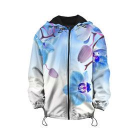 Детская куртка 3D с принтом Голубая орхидея , 100% полиэстер | застежка — молния, подол и капюшон оформлены резинкой с фиксаторами, по бокам — два кармана без застежек, один потайной карман на груди, плотность верхнего слоя — 90 г/м2; плотность флисового подклада — 260 г/м2 | Тематика изображения на принте: голубая орхидея | красота | орхидеи | природа | цветок | цветочек | цветы