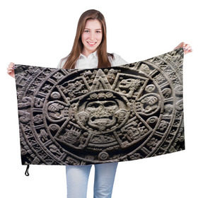 Флаг 3D с принтом Календарь ацтеков , 100% полиэстер | плотность ткани — 95 г/м2, размер — 67 х 109 см. Принт наносится с одной стороны | Тематика изображения на принте: ацтеки | история | календарь | круги