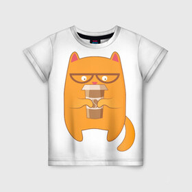Детская футболка 3D с принтом Кот хипстер , 100% гипоаллергенный полиэфир | прямой крой, круглый вырез горловины, длина до линии бедер, чуть спущенное плечо, ткань немного тянется | арт | иллюстрация | кот | кофе | кофемания | пончик | хипстер