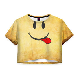Женская футболка 3D укороченная с принтом Мы на позитиве (R) , 100% полиэстер | круглая горловина, длина футболки до линии талии, рукава с отворотами | парная | позитив | рожица | смайл | улыбка | язык