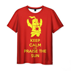 Мужская футболка 3D с принтом Keep calm and praise the sun , 100% полиэфир | прямой крой, круглый вырез горловины, длина до линии бедер | dark souls