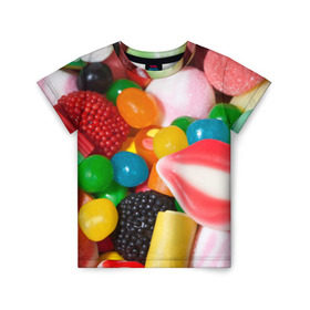 Детская футболка 3D с принтом Сладости , 100% гипоаллергенный полиэфир | прямой крой, круглый вырез горловины, длина до линии бедер, чуть спущенное плечо, ткань немного тянется | candy | еда | конфеты | мармелад | сладкое