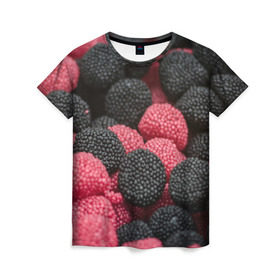Женская футболка 3D с принтом Ягодки , 100% полиэфир ( синтетическое хлопкоподобное полотно) | прямой крой, круглый вырез горловины, длина до линии бедер | Тематика изображения на принте: candy | vegan | веган | вегетарианство | еда | конфеты | мармелад | сладкое