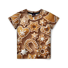 Детская футболка 3D с принтом печенье , 100% гипоаллергенный полиэфир | прямой крой, круглый вырез горловины, длина до линии бедер, чуть спущенное плечо, ткань немного тянется | Тематика изображения на принте: christmas | cookies | decoration | merry | xmas | выпечка | глазурь | новый год | рождество | сладко