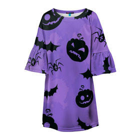 Детское платье 3D с принтом Хэллоуин , 100% полиэстер | прямой силуэт, чуть расширенный к низу. Круглая горловина, на рукавах — воланы | Тематика изображения на принте: halloween | ведьма | тыква | хэллоуин