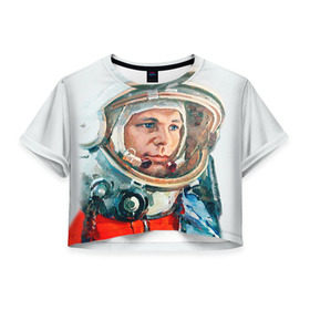 Женская футболка 3D укороченная с принтом Гагарин , 100% полиэстер | круглая горловина, длина футболки до линии талии, рукава с отворотами | space | гагарин | космос | россия