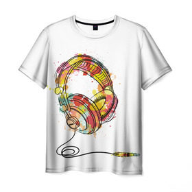 Мужская футболка 3D с принтом Красочные наушники , 100% полиэфир | прямой крой, круглый вырез горловины, длина до линии бедер | dj | музыка | наушники