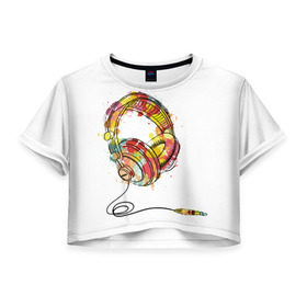 Женская футболка 3D укороченная с принтом Красочные наушники , 100% полиэстер | круглая горловина, длина футболки до линии талии, рукава с отворотами | dj | музыка | наушники