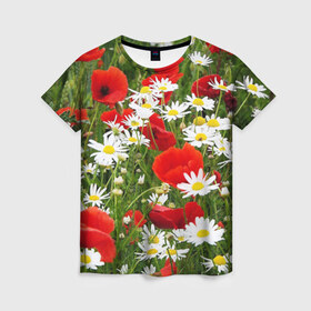Женская футболка 3D с принтом Полевые цветы 2 , 100% полиэфир ( синтетическое хлопкоподобное полотно) | прямой крой, круглый вырез горловины, длина до линии бедер | поле | полевые цветы | цветы