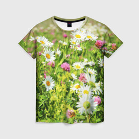 Женская футболка 3D с принтом Полевые цветы 3 , 100% полиэфир ( синтетическое хлопкоподобное полотно) | прямой крой, круглый вырез горловины, длина до линии бедер | поле | полевые цветы | цветы
