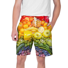 Мужские шорты 3D с принтом Плоды ,  полиэстер 100% | прямой крой, два кармана без застежек по бокам. Мягкая трикотажная резинка на поясе, внутри которой широкие завязки. Длина чуть выше колен | овощи | фрукты | ягоды