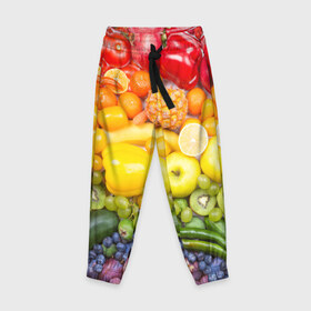 Детские брюки 3D с принтом Плоды , 100% полиэстер | манжеты по низу, эластичный пояс регулируется шнурком, по бокам два кармана без застежек, внутренняя часть кармана из мелкой сетки | Тематика изображения на принте: овощи | фрукты | ягоды