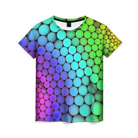 Женская футболка 3D с принтом Цветные шары , 100% полиэфир ( синтетическое хлопкоподобное полотно) | прямой крой, круглый вырез горловины, длина до линии бедер | Тематика изображения на принте: абстракция | краски | круги | цвета | шары