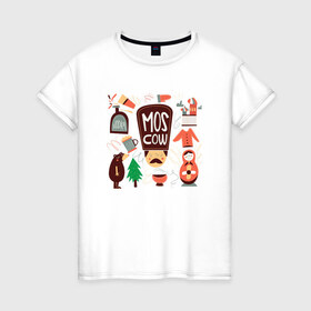 Женская футболка хлопок с принтом Moscow , 100% хлопок | прямой крой, круглый вырез горловины, длина до линии бедер, слегка спущенное плечо | moscow | водка | матрешка | медведь | москва | россия
