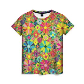 Женская футболка 3D с принтом Узор из цветов , 100% полиэфир ( синтетическое хлопкоподобное полотно) | прямой крой, круглый вырез горловины, длина до линии бедер | паттерн | разноцветный | рстительный