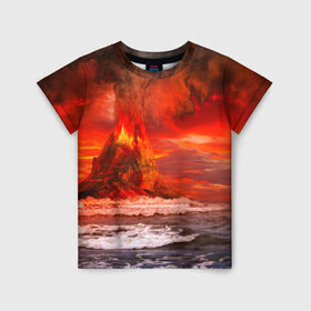 Детская футболка 3D с принтом Вулкан , 100% гипоаллергенный полиэфир | прямой крой, круглый вырез горловины, длина до линии бедер, чуть спущенное плечо, ткань немного тянется | Тематика изображения на принте: взрыв | вулкан | извержение | красная | лава | море