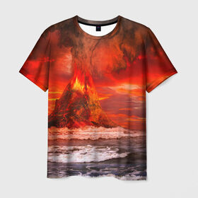 Мужская футболка 3D с принтом Вулкан , 100% полиэфир | прямой крой, круглый вырез горловины, длина до линии бедер | Тематика изображения на принте: взрыв | вулкан | извержение | красная | лава | море