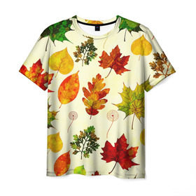 Мужская футболка 3D с принтом Осень , 100% полиэфир | прямой крой, круглый вырез горловины, длина до линии бедер | листва | листья | осень | оформление | пёстрые листочки | слой | текстура | трайбл | узор | фон
