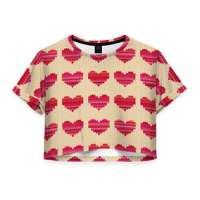 Женская футболка 3D укороченная с принтом Шерстяные сердечки , 100% полиэстер | круглая горловина, длина футболки до линии талии, рукава с отворотами | вязание | вязаный | паттерн | текстура | узор