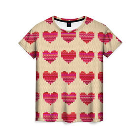 Женская футболка 3D с принтом Шерстяные сердечки , 100% полиэфир ( синтетическое хлопкоподобное полотно) | прямой крой, круглый вырез горловины, длина до линии бедер | вязание | вязаный | паттерн | текстура | узор