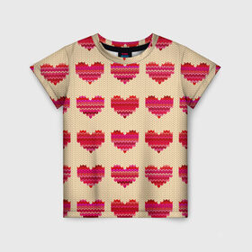 Детская футболка 3D с принтом Шерстяные сердечки , 100% гипоаллергенный полиэфир | прямой крой, круглый вырез горловины, длина до линии бедер, чуть спущенное плечо, ткань немного тянется | вязание | вязаный | паттерн | текстура | узор