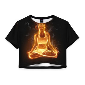 Женская футболка 3D укороченная с принтом Пламенная медитация , 100% полиэстер | круглая горловина, длина футболки до линии талии, рукава с отворотами | Тематика изображения на принте: аштанга | здоровье | зож | йога | кундалини | лотос | медитация | огонь | пламя | силуэт | спорт | страсть | тонус