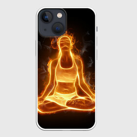 Чехол для iPhone 13 mini с принтом Пламенная медитация ,  |  | Тематика изображения на принте: аштанга | здоровье | зож | йога | кундалини | лотос | медитация | огонь | пламя | силуэт | спорт | страсть | тонус