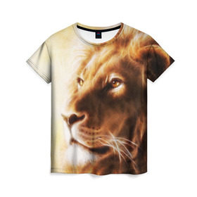 Женская футболка 3D с принтом Лев , 100% полиэфир ( синтетическое хлопкоподобное полотно) | прямой крой, круглый вырез горловины, длина до линии бедер | власть | джунгли | кошка | лев | мощь | отвага | сила | хищник | храбрость | царь зверей