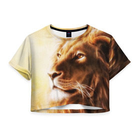 Женская футболка 3D укороченная с принтом Лев , 100% полиэстер | круглая горловина, длина футболки до линии талии, рукава с отворотами | власть | джунгли | кошка | лев | мощь | отвага | сила | хищник | храбрость | царь зверей