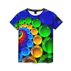 Женская футболка 3D с принтом Круги , 100% полиэфир ( синтетическое хлопкоподобное полотно) | прямой крой, круглый вырез горловины, длина до линии бедер | краски | радуга