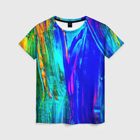 Женская футболка 3D с принтом Разводы красок , 100% полиэфир ( синтетическое хлопкоподобное полотно) | прямой крой, круглый вырез горловины, длина до линии бедер | абстракция | абстракция красок | краска | цветные