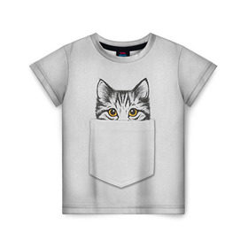 Детская футболка 3D с принтом Кот в кармане 2 , 100% гипоаллергенный полиэфир | прямой крой, круглый вырез горловины, длина до линии бедер, чуть спущенное плечо, ткань немного тянется | animals | cat | kitty | животные | кот | котик