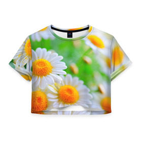 Женская футболка 3D укороченная с принтом Ромашки , 100% полиэстер | круглая горловина, длина футболки до линии талии, рукава с отворотами | фото | цветы