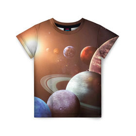 Детская футболка 3D с принтом Планеты солнечной системы , 100% гипоаллергенный полиэфир | прямой крой, круглый вырез горловины, длина до линии бедер, чуть спущенное плечо, ткань немного тянется | Тематика изображения на принте: венера | звезды | земля | космос | марс | меркурий | сатурн | солнце | уран | юпитер