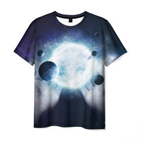 Мужская футболка 3D с принтом Солнечная система на ладонях , 100% полиэфир | прямой крой, круглый вырез горловины, длина до линии бедер | вселенная | галактика | звезды | планеты | солнце | туманность
