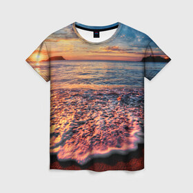 Женская футболка 3D с принтом Sunset , 100% полиэфир ( синтетическое хлопкоподобное полотно) | прямой крой, круглый вырез горловины, длина до линии бедер | закат | море | океан | пена | песок | пляж | прибой | прилив | рассвет