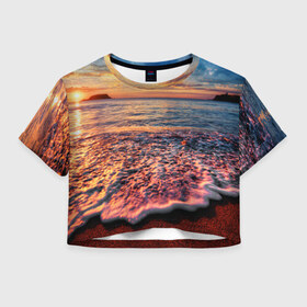 Женская футболка 3D укороченная с принтом Sunset , 100% полиэстер | круглая горловина, длина футболки до линии талии, рукава с отворотами | закат | море | океан | пена | песок | пляж | прибой | прилив | рассвет