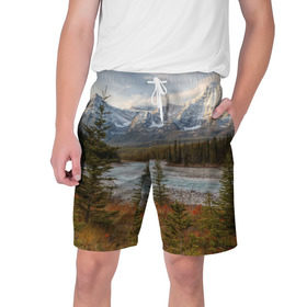 Мужские шорты 3D с принтом Осень в горах ,  полиэстер 100% | прямой крой, два кармана без застежек по бокам. Мягкая трикотажная резинка на поясе, внутри которой широкие завязки. Длина чуть выше колен | Тематика изображения на принте: горы | лес | осень | пейзаж