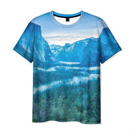 Мужская футболка 3D с принтом Горный пейзаж , 100% полиэфир | прямой крой, круглый вырез горловины, длина до линии бедер | горный хребет | горы | каньон | лес | пейзаж | речка | туман | ущелье