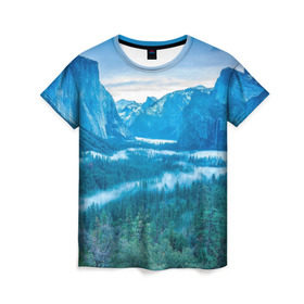 Женская футболка 3D с принтом Горный пейзаж , 100% полиэфир ( синтетическое хлопкоподобное полотно) | прямой крой, круглый вырез горловины, длина до линии бедер | горный хребет | горы | каньон | лес | пейзаж | речка | туман | ущелье
