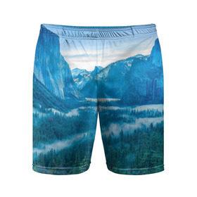 Мужские шорты 3D спортивные с принтом Горный пейзаж ,  |  | горный хребет | горы | каньон | лес | пейзаж | речка | туман | ущелье