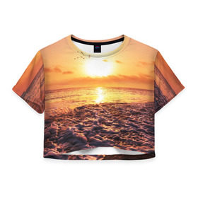 Женская футболка 3D укороченная с принтом Закат , 100% полиэстер | круглая горловина, длина футболки до линии талии, рукава с отворотами | sunset | жара | закат | зной | косяк | лето | море | облака | океан | отдых | пена | песок | пляж | прибой | прилив | рассвет | солнце | стая птиц