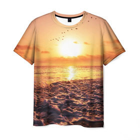 Мужская футболка 3D с принтом Закат , 100% полиэфир | прямой крой, круглый вырез горловины, длина до линии бедер | Тематика изображения на принте: sunset | жара | закат | зной | косяк | лето | море | облака | океан | отдых | пена | песок | пляж | прибой | прилив | рассвет | солнце | стая птиц