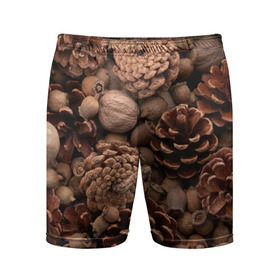 Мужские шорты 3D спортивные с принтом Шишки и орешки ,  |  | дуб | ёлка | ель | жёлудь | иголки | кедр | лес | орех | орешки | осень | сосна | шишки