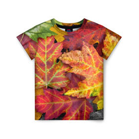 Детская футболка 3D с принтом Осенняя пора , 100% гипоаллергенный полиэфир | прямой крой, круглый вырез горловины, длина до линии бедер, чуть спущенное плечо, ткань немного тянется | жёлтый | красный | листва | листья | осень