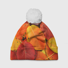 Шапка 3D c помпоном с принтом Осенний покров , 100% полиэстер | универсальный размер, печать по всей поверхности изделия | жёлтый | золотой | красный | листва | листья | осень