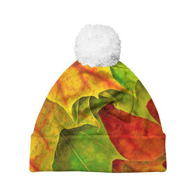 Шапка 3D c помпоном с принтом Осенний наряд , 100% полиэстер | универсальный размер, печать по всей поверхности изделия | жёлтый | зелёный | красный | листва | листья | оранжевый