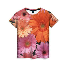Женская футболка 3D с принтом Цветы , 100% полиэфир ( синтетическое хлопкоподобное полотно) | прямой крой, круглый вырез горловины, длина до линии бедер | букет | георгины | жёлтый | красота | полевые | розовый | ромашки | фиолетовый | хризантемы | цветы